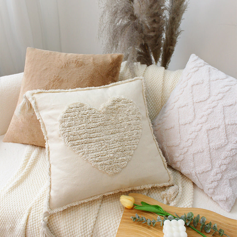 Beige and Off-White Square Acrylic Pillow Set with Heart Design