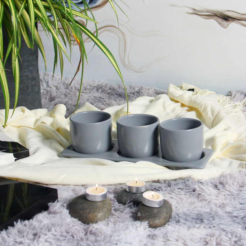 Ensemble de pot de fleurs d'intérieur en céramique fait à la main avec plateau, gris