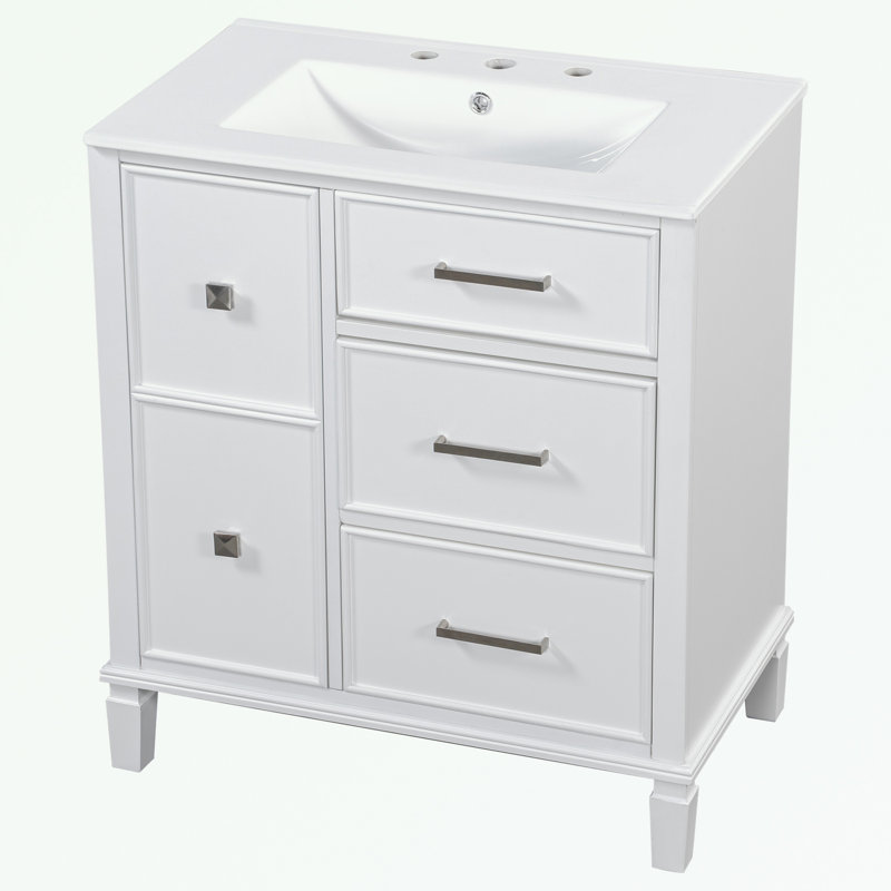 Meuble-lavabo de salle de bain avec lavabo en céramique, tiroir rabattable, 1 porte et 2 tiroirs, Blanc