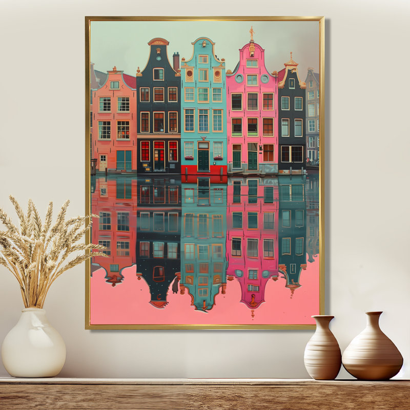 Décoration murale Amsterdam, canal gris et rose II - décoration murale Amsterdam, H 44 po x l 34 po x P 1,5 po