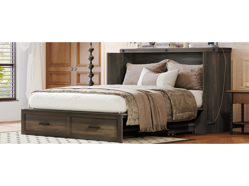 Grand lit escamotable style ferme avec station de charge, lit plateforme pliable avec grand tiroir de rangement pour chambre d'amis, petite chambre