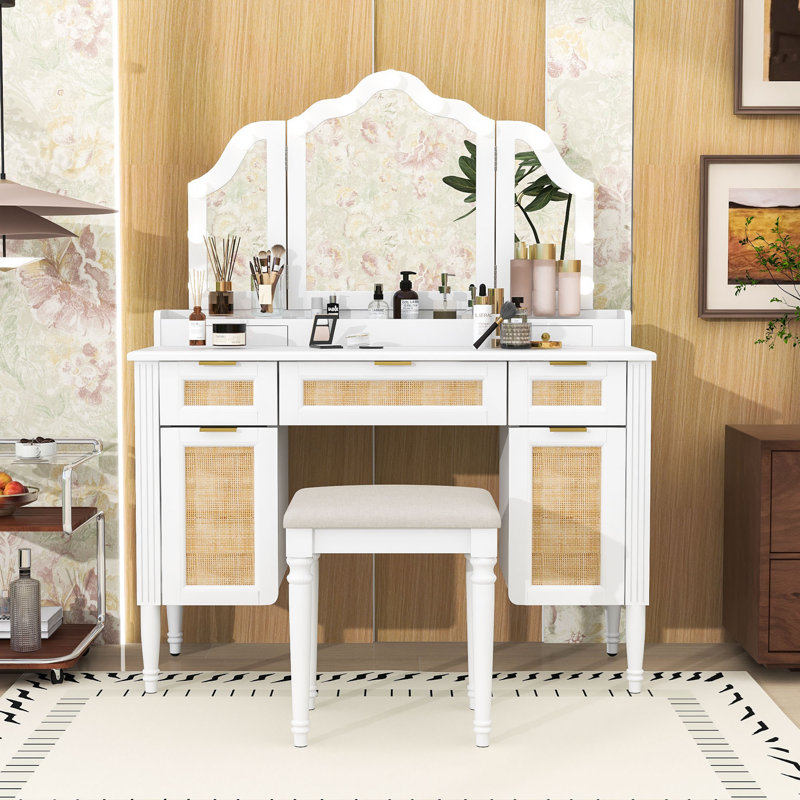 Meuble-lavabo avec miroir à trois volets, ampoules DEL, armoires, station de charge et tabouret, Blanc