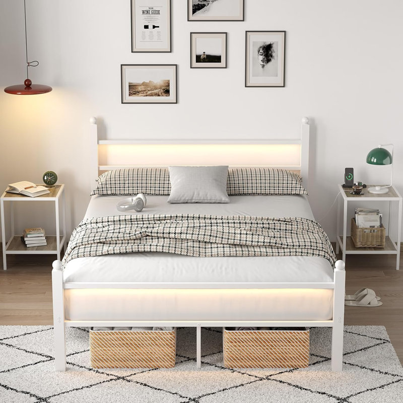Bed Frame With Headboard And Footboard,heavy Duty Steel Slats Support Metal Bed Frame With Charging Station,, Full, White