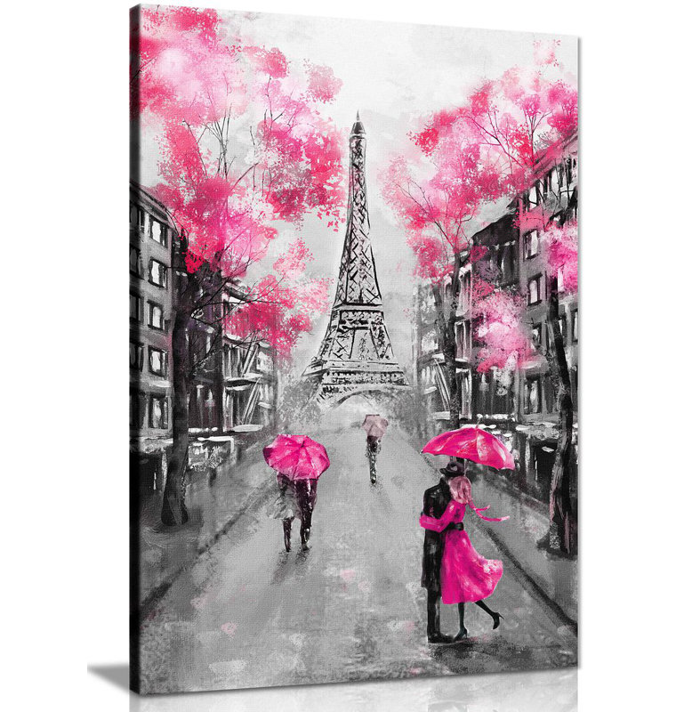 Black & White Paris Painting - Wrapped Canvas Print, 61cm H x 41cm W, Pink