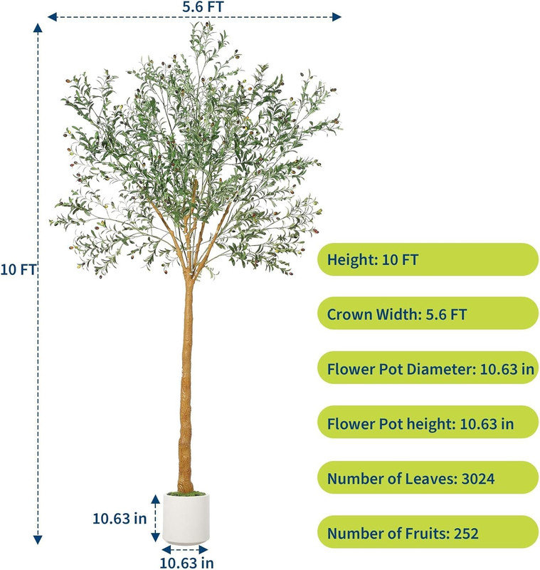Olive artificielle 9 / 10pi avec fruits, faux arbre réaliste pour intérieur / extérieur, tronc de bois, grand