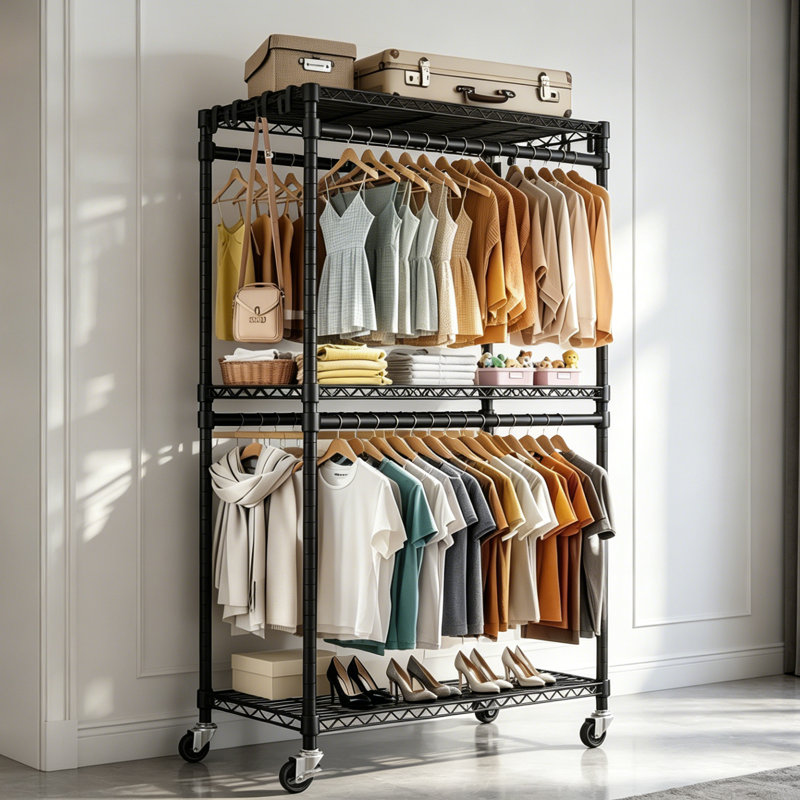 Support à vêtements roulant en métal avec tablettes réglables, 2 tringles et roues