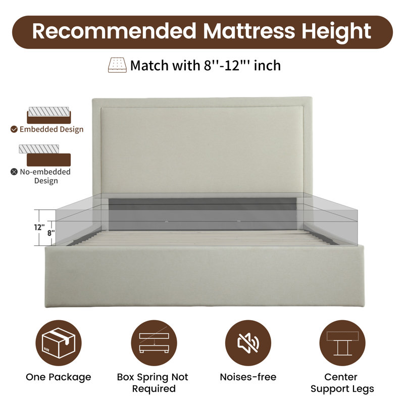 Yamada Hydraulic  Lift Up Upholstered  Storage Bed, Beige, Queen
