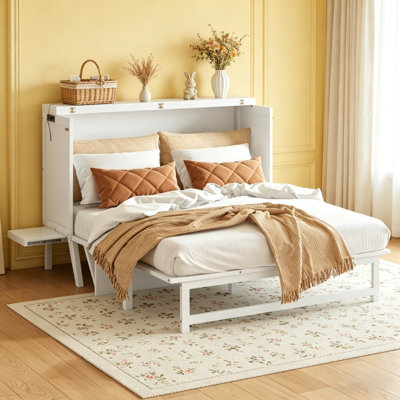 Grand lit escamotable avec port USB et tablettes amovibles, pin massif pour bureau à domicile et chambre d'amis, blanc