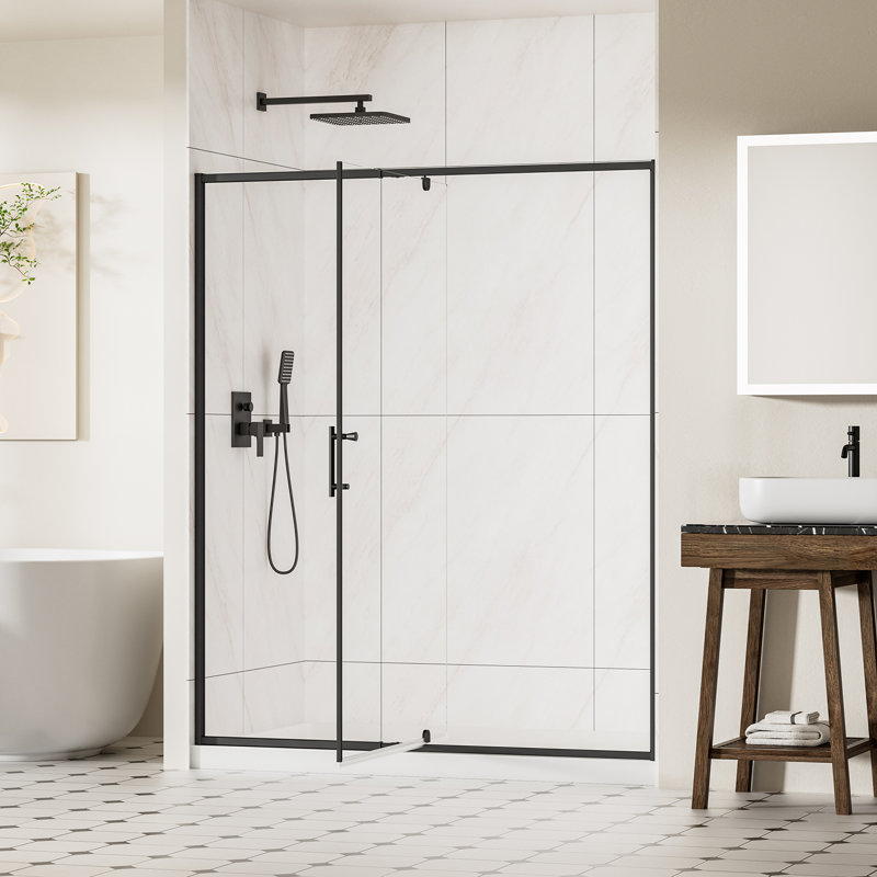 Porte de douche à cadre 60 po x l 71 po, porte de douche pivotante en verre trempé transparent de 6 mm, porte de douche battante avec cadre réglable en aluminium au fini noir mat
