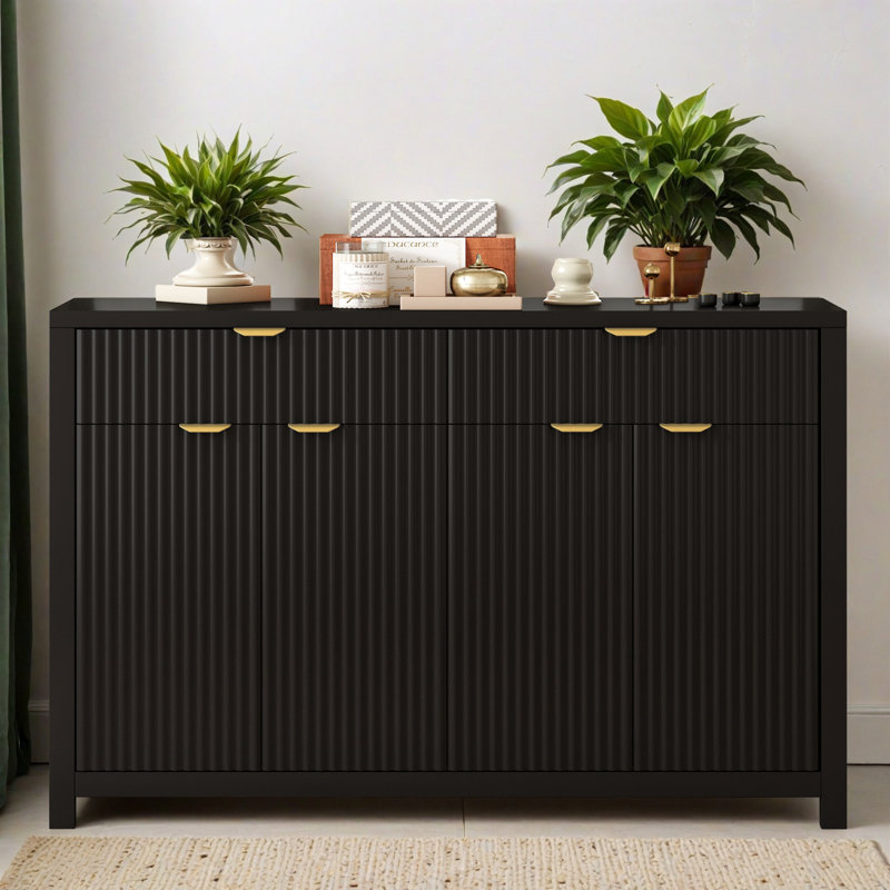 Buffet de rangement 55,12 po à 4 portes avec tiroirs et tablettes réglables, buffet en bois pour le salon, vestibule, Noir