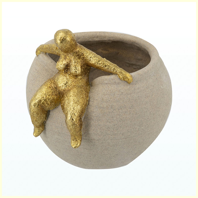 Jardinière ronde de 9,3 x 8,8 x 8,8 pouces avec figurine dorée abstraite, pot de fleurs décoratif pour plantes d'intérieur