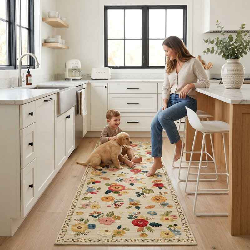 Tapis de couloir de cuisine Boho, Floral beige