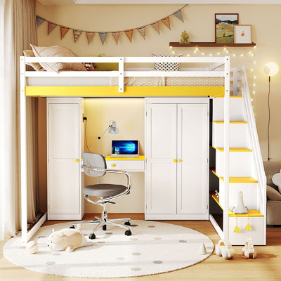 Lit mezzanine avec escalier de rangement, coiffeuse intégrée avec miroir et tiroir, garde-robe et armoires, ports et lumières de chargement USB