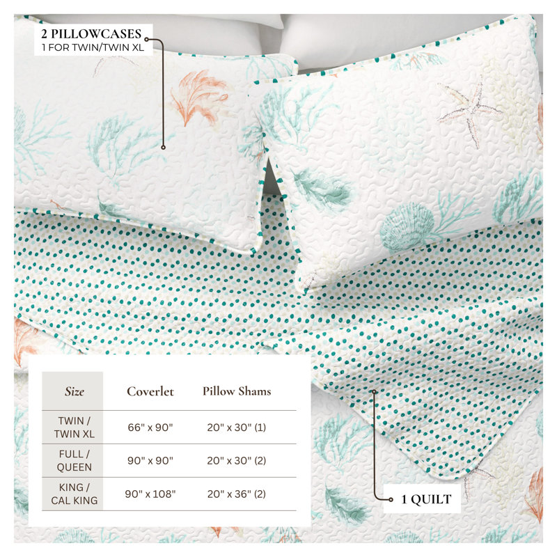 Ensemble de courtepointe réversible en microfibre Stripes & Seashells, Courtepointe simple / simple TG + 1 taie décorati