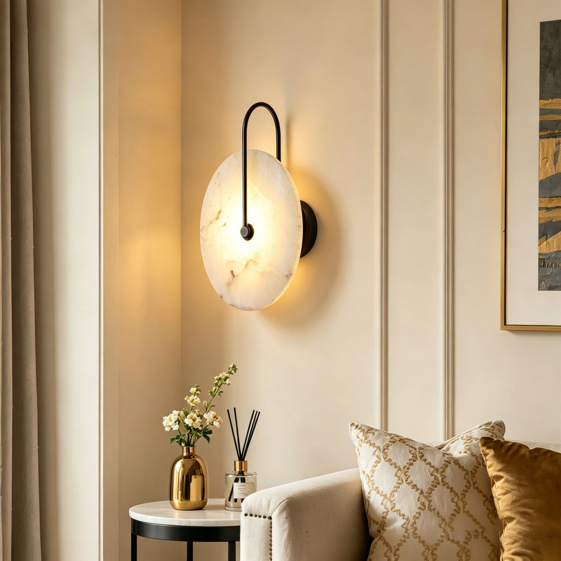 9.84in Round Modern Dimmable Led Alabaster Wall Sconce With Remote Control, Brass Accent, Matte Black, 1