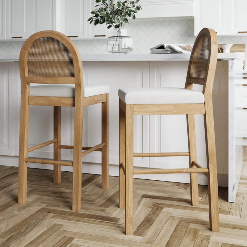 Bailey Light Brown Wood and Rattan Bar Stools, Set of 2