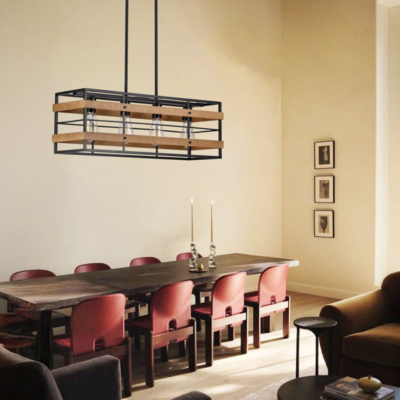 Luminaire suspendu linéaire en bois et métal noir 4 lumières Aldo, 4-light rectangular