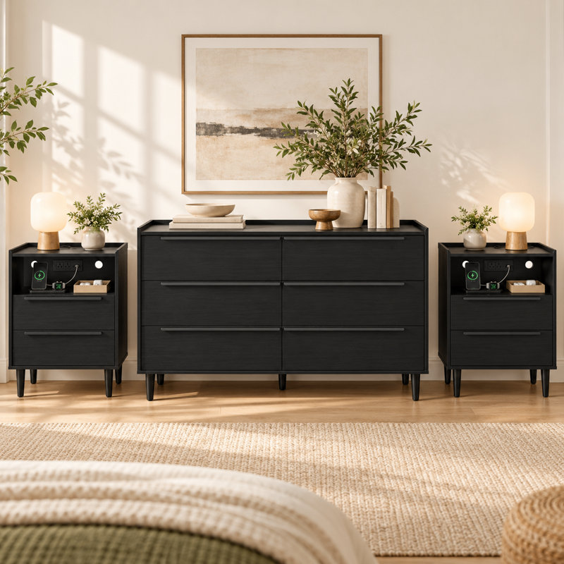 Ensemble de meubles de chambre modernes noirs 3 pièces comprenant une commode à 6 tiroirs et 2 tables de chevet avec stations de recharge