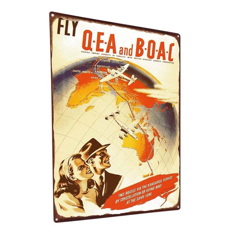Vintage Fly Qea and Boac sur impression métallique, H 11,5 po x l 8,5 po x P 0,04 po