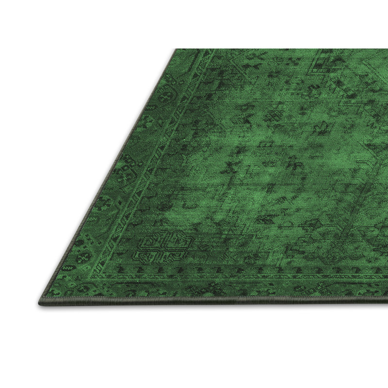 Tapis oriental en laine / polyester tissé à la machine en vert foncé, Rectangle 7 pi x 9 pi