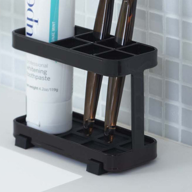 Black Steel Tower Toothbrush Stand with Rubber Mat