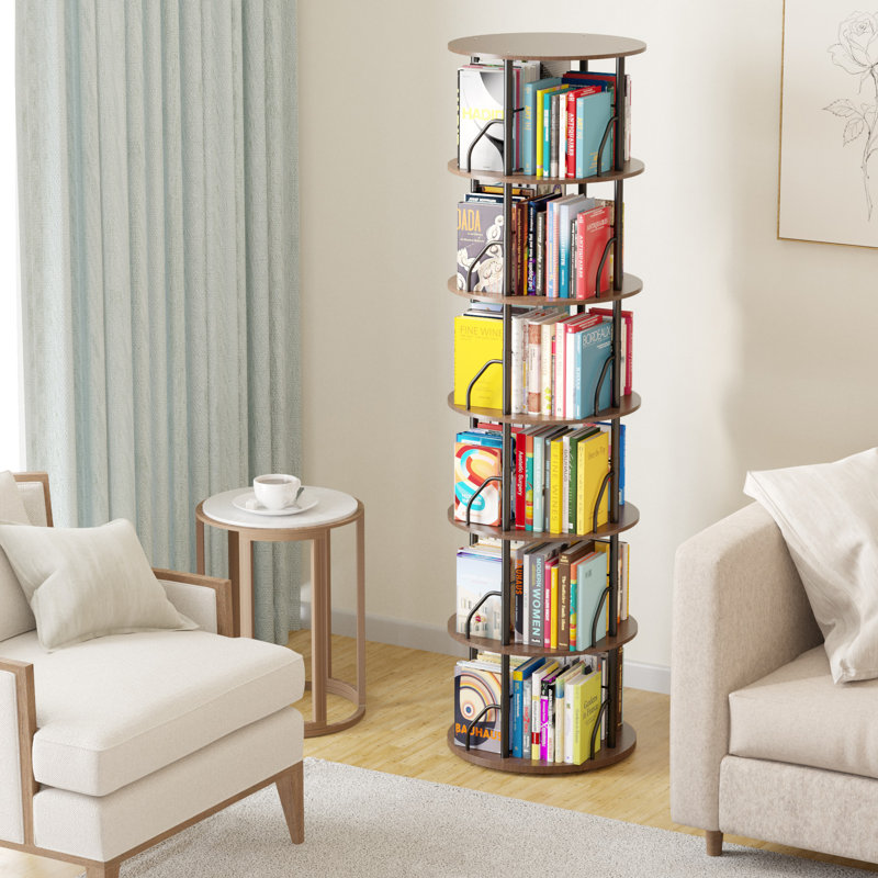 Rotating 360° Bookshelf Tower, Stackable Spinning Bookcase, Space‑Saving Revolving Round Shelf, Floor Standing Swivel Corner Organizer
