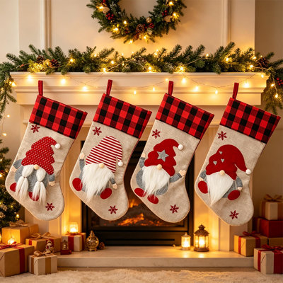 4 Pack Burlap Christmas Stockings with 3D Faceless Gnome, Red Black Buffalo Plaid Cuff Hanging Xmas Stockings, Farmhouse Fireplace Mantel Holiday Decor Gift Socks (Set of 4)