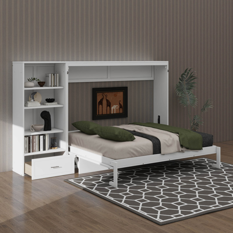 Grand lit escamotable avec rangement et tablette à hauteur réglable, cadre de lit mural avec 1 tiroir, Blanc