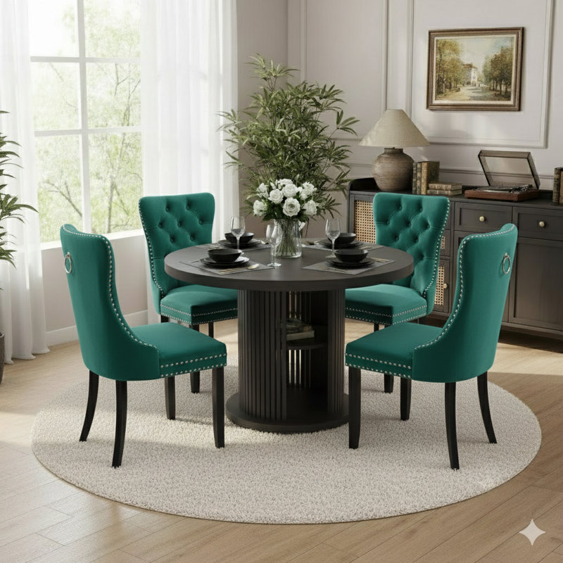 48 Inch Round Dining Table Sets For 4-6 People, Dark Green