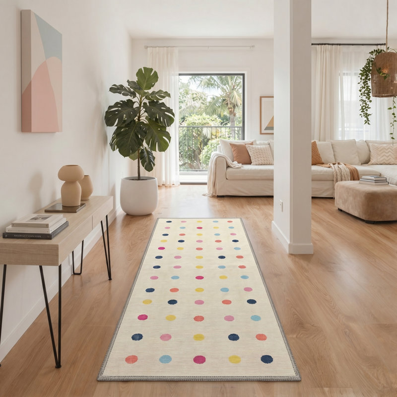 Polo Modern Machine Washable Beige Indoor Area Rug with Non-Slip Backing, Runner 2' x 7'