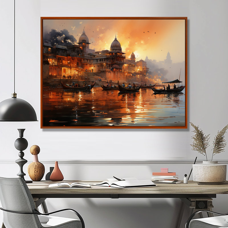 Indian Art Sunset At - Art mural indien, H 34 po x l 44 po x P 1,5 po, Cadre flottant brun