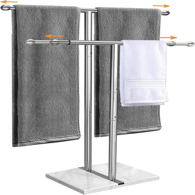 Adjustable Width Vertical Towel Rack - Weighted marble base, 2-tier design, brushed stainless steel finish, suitable for a wide range of bathroom spaces.