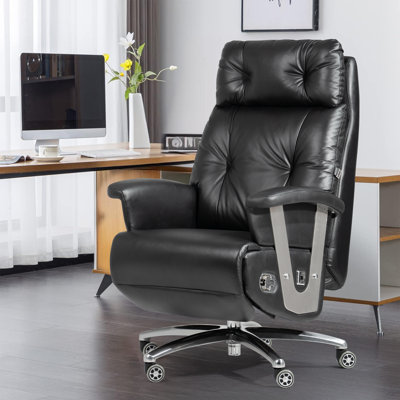 Kinnls Freya Power Recliner Chair with Footrest, Fully Reclining Office Chair Modern Managerial Executive Chairs, Ergonomic Genuine Leather Home Office Desk Chair (Black-Dual Motor)