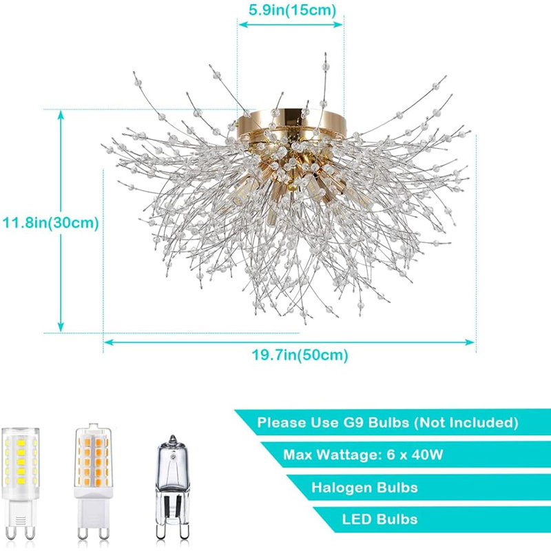 Plafonnier encastré moderne Spoutnik cristal 8,86 x 7,09 x 7,28 pouces