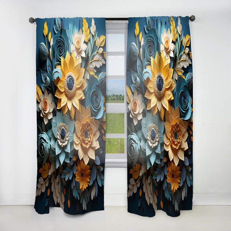 Pretrice abstrait bleu et beige tournesols I - Rideau traditionnel - Velours obscurcissant - 1 panneau, L 52 po x L 90 po