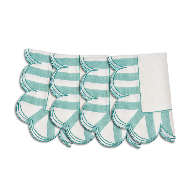 Jardin Embroidered Linen Scalloped Stripe Napkins, Green/White