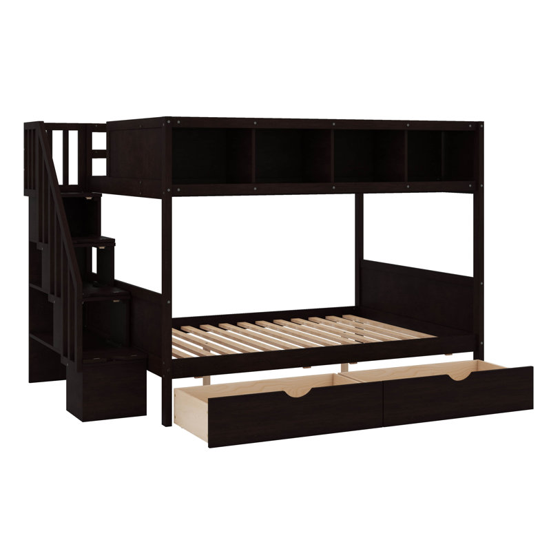 Kids Twin Over Full Bunk Bed with Shelves, Storage Staircase and 2 Drawers, Espresso