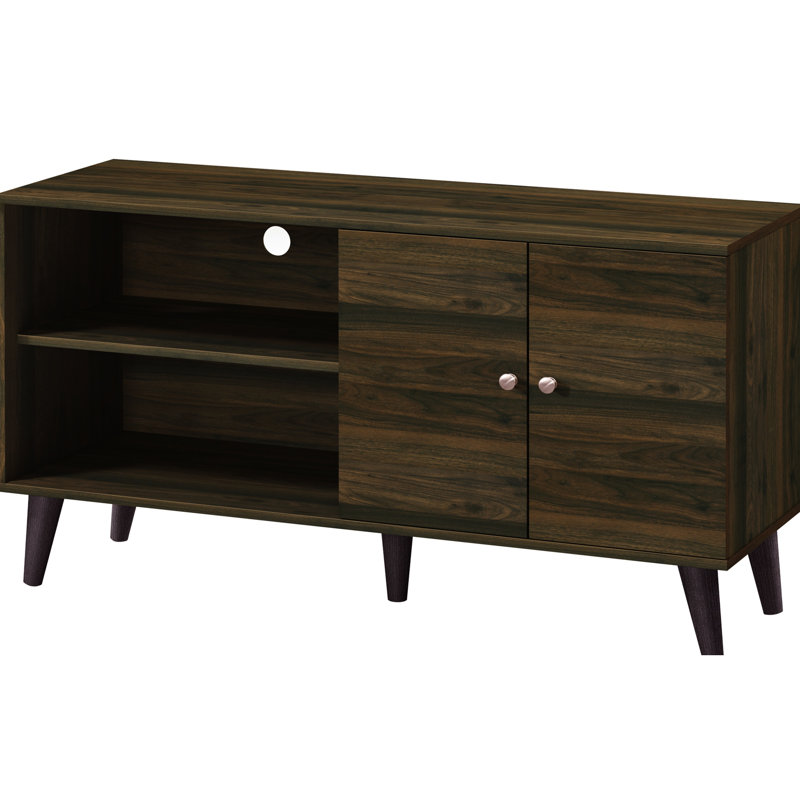 Walnut Tv Stand With Open Storage & Cabinet, For Tvs Up To 50-59 Fashionable Mid-Century Modern Stand, 50-59"