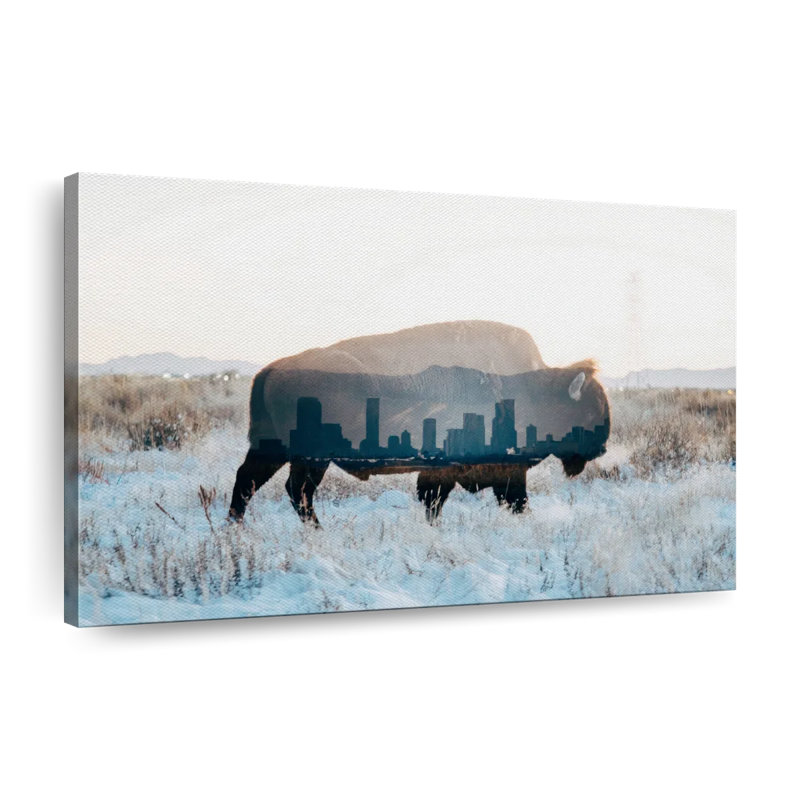 Bison et horizon sur toile, H 26 po x l 39 po x P 1,25 po