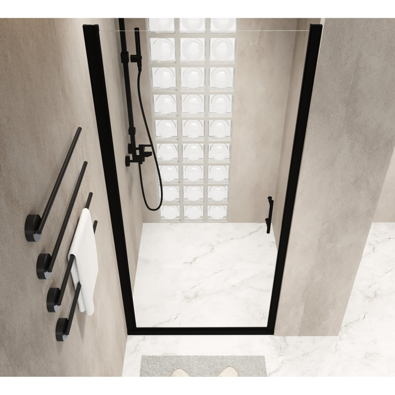 Porte de douche pivotante en verre trempé transparent de 6 mm avec cadre en aluminium noir léger et structure surélevée efficace pour bloquer l'eau