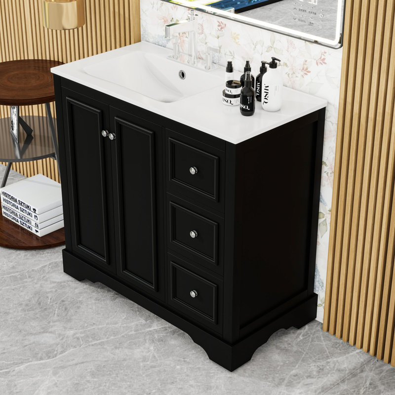 Meuble-lavabo de salle de bain avec lavabo en céramique, 3 tiroirs à fermeture en douceur et tablette ajustable en forme de U