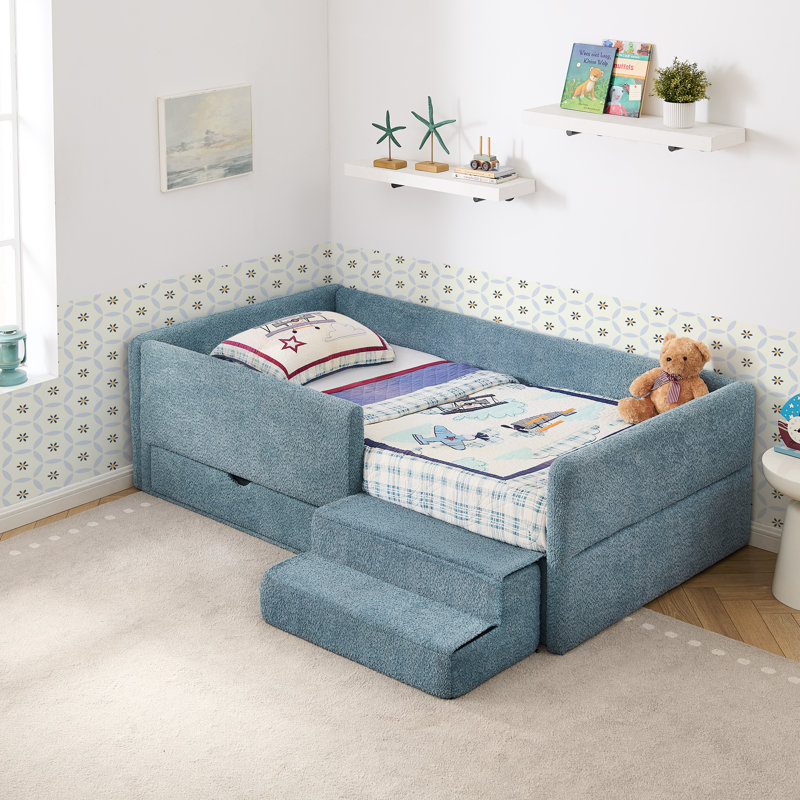 Lit pour enfant multifonctionnel avec rangement, tissu bleu marine, sécuritaire et confortable
