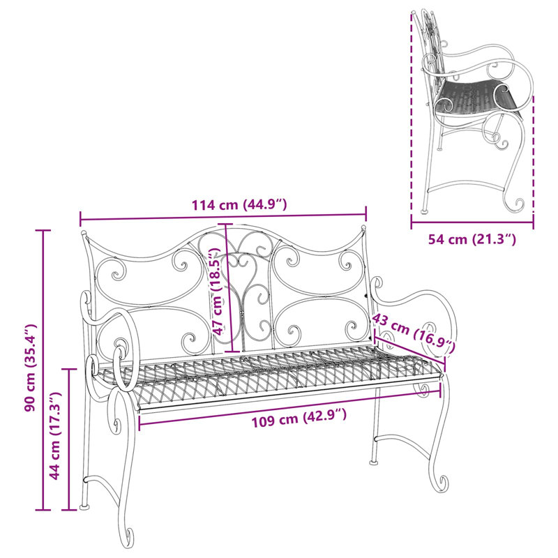 Outdoor Bench, 90cm H x 114cm W x 56.5cm D, Black