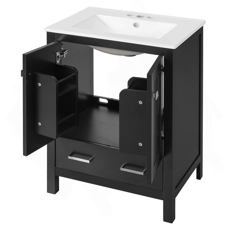 Meuble-lavabo de 24 pouces avec lavabo encastré intégré et armoire de rangement avec 2 portes et 1 tiroir. Comprend une tablette de porte à double couche, une conception à fermeture douce et des solutions de rangement polyvalentes