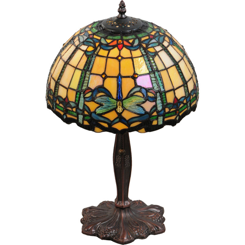 Mahogany Bronze Stained Glass Table Lamp with Blue Dragonfly Design