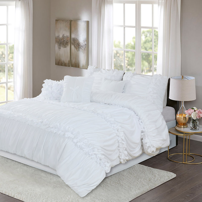 7 Piece Ruched Pleat Comforter Set Romantic Bed in a Bag, White, Full Comforter + 6 Additional Pieces