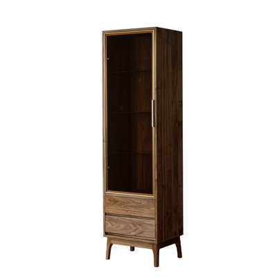 19.69" Modern Light Luxury Dark Brown Black Walnut Solid Wood Glass Door Display Cabinet, Freestanding Wine Book TV Side Storage Cabinet for Living Room