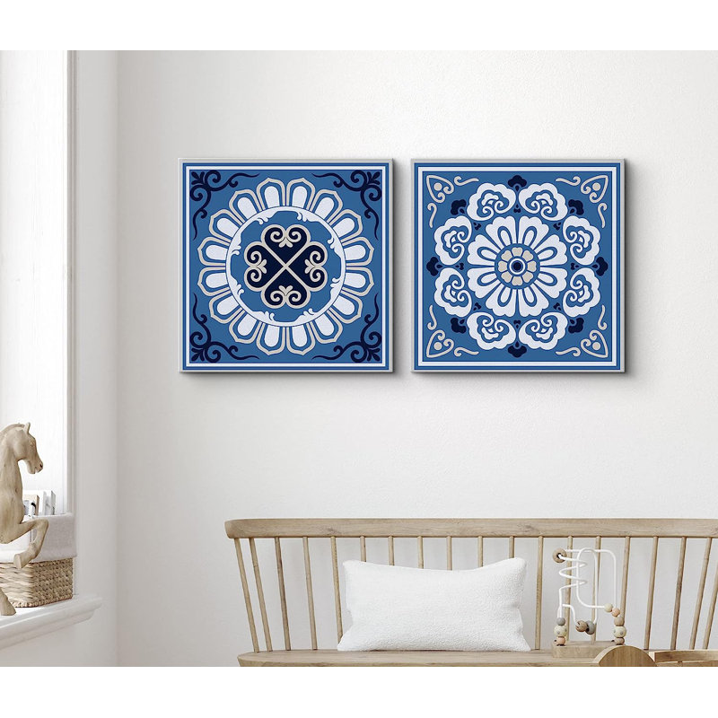 Mandala de variété de tuiles florales circulaires bleues sur toile, 2 pièces, H 16 po x l 32 po x P 1,5 po