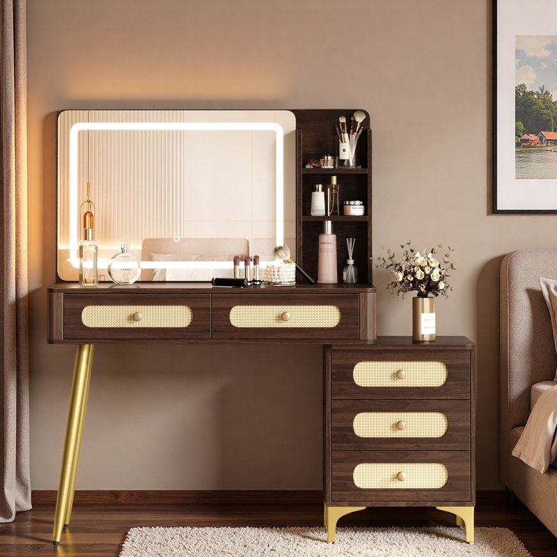 Coiffeuse de maquillage rétro avec miroir et lumières, 5 tiroirs, tablettes de rangement ouvertes, conception en rotin et poignées en métal