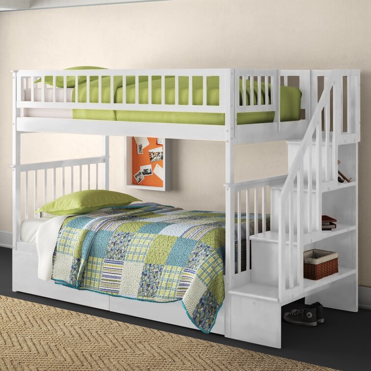 Three Posts™ Baby & Kids Shyann Heavy Duty Wood Safety Staircase Bunk Bed  With Under Bed Drawer Storage & Reviews | Wayfair